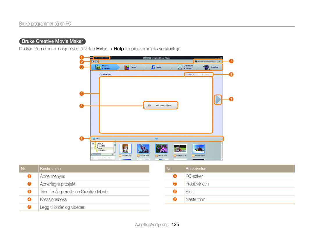 Samsung EC-WB850FBPBE2 manual Bruke Creative Movie Maker , PC-søker, Prosjektnavn Slett Neste trinn Avspilling/redigering 